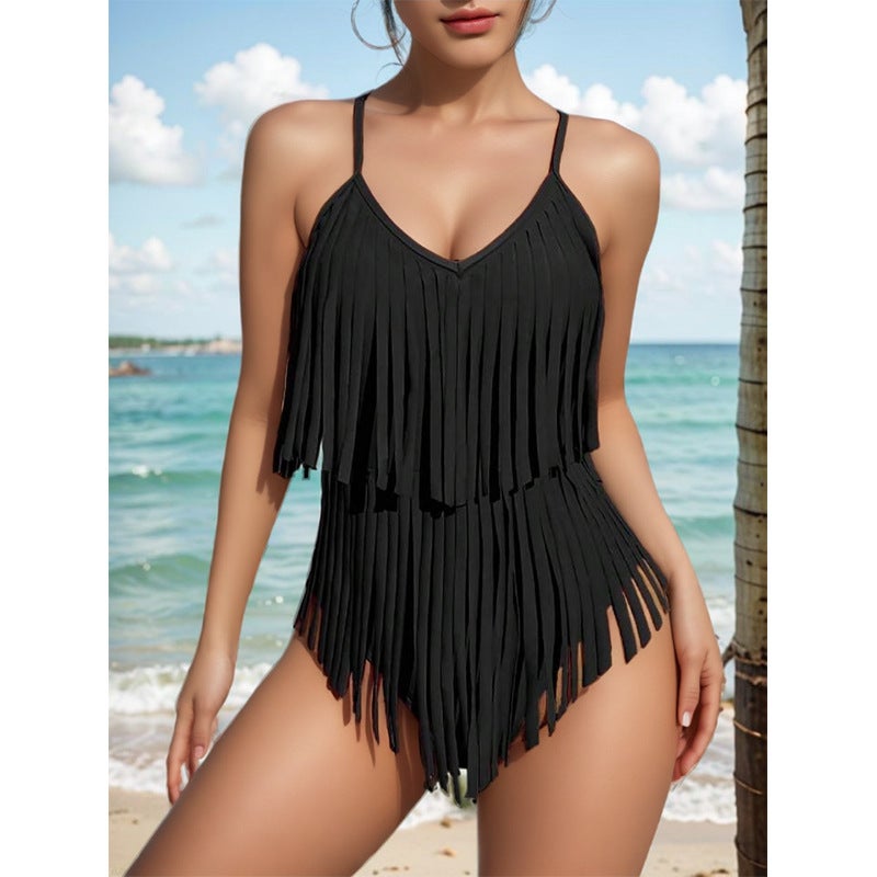 Sexy V-Neck Tassel One-Piece Swimsuit Black 