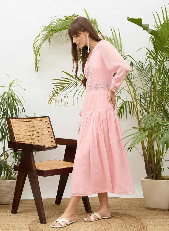SASSAFRAS Pink Fit & Flare Maxi Dress for Women