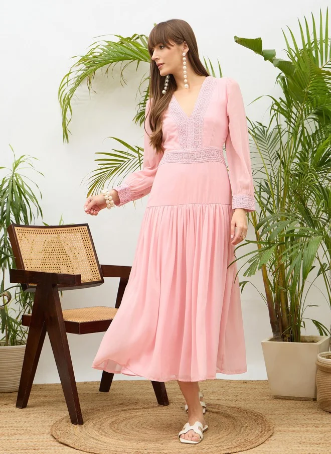 SASSAFRAS Pink Fit & Flare Maxi Dress for Women