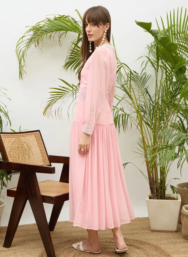 SASSAFRAS Pink Fit & Flare Maxi Dress for Women