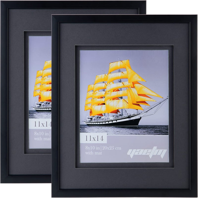 Yaetm 11x14 Double Floating Mat Picture Frame Set of 2, Display Picture 8x10 with Black Double Mat, Polished High Definition Real Glass, Wall Mounting Photo Frames, Black - Image 1