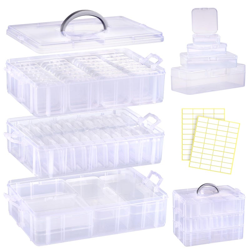 Funtopia Bead Organizers and Storage, 56 Pcs Small Plastic Containers with Lids and 3-Tier Stackable Storage Box, Mini Clear Organizers for Jewelry Toys Craft Storage (4 Sizes) - Image 1