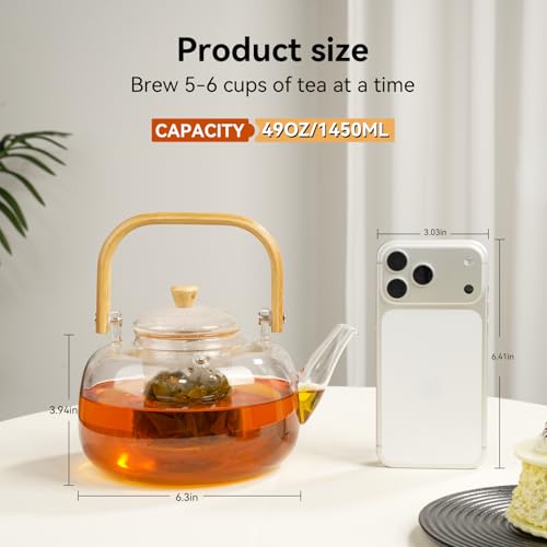 GURUDAR 49OZ/1450ML Glass Teapot with Removable Infuser & Lid, Stovetop & Microwave Safe Clear Borosilicate Glass Tea Maker Water Kettle for Loose Leaf Blooming Tea - Image 3