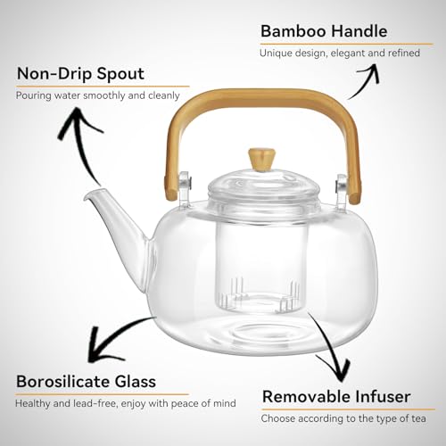 GURUDAR 49OZ/1450ML Glass Teapot with Removable Infuser & Lid, Stovetop & Microwave Safe Clear Borosilicate Glass Tea Maker Water Kettle for Loose Leaf Blooming Tea - Image 2