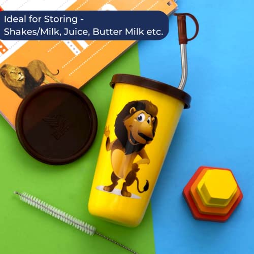PDDFALCON Stainless Steel Cartoon Print Glass/Tumbler With Steel Straw,Cleaning Brush & Food Grade Cap for Straw, 100% Leak Proof, BIS Certified, Jindal Seal & Made In India- 450ml (Yellow) - Image 5