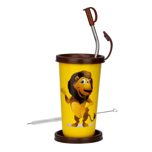 PDDFALCON Stainless Steel Cartoon Print Glass/Tumbler With Steel Straw,Cleaning Brush & Food Grade Cap for Straw, 100% Leak Proof, BIS Certified, Jindal Seal & Made In India- 450ml (Yellow) - Image 1