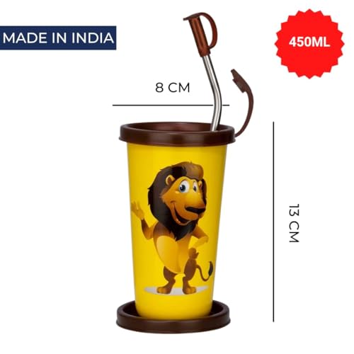 PDDFALCON Stainless Steel Cartoon Print Glass/Tumbler With Steel Straw,Cleaning Brush & Food Grade Cap for Straw, 100% Leak Proof, BIS Certified, Jindal Seal & Made In India- 450ml (Yellow) - Image 2