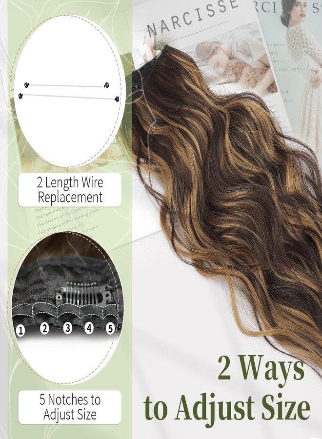 KooKaStyle Invisible Wire Hair Extensions with Transparent Headband Adjustable Size 4 Secure Clips Long Wavy Secret Wire Hairpiece 20 Inch Chestnut Brown with Blonde Highlights for Women - Image 2