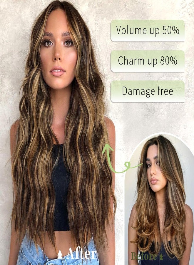 KooKaStyle Invisible Wire Hair Extensions with Transparent Headband Adjustable Size 4 Secure Clips Long Wavy Secret Wire Hairpiece 20 Inch Chestnut Brown with Blonde Highlights for Women - Image 3
