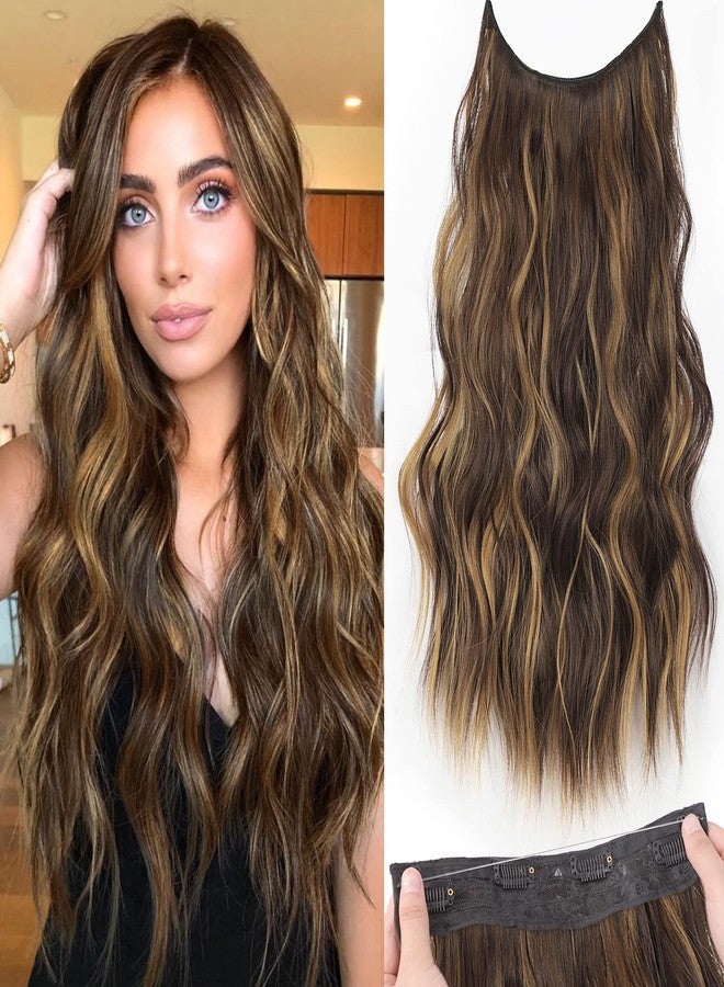KooKaStyle Invisible Wire Hair Extensions with Transparent Headband Adjustable Size 4 Secure Clips Long Wavy Secret Wire Hairpiece 20 Inch Chestnut Brown with Blonde Highlights for Women - Image 1