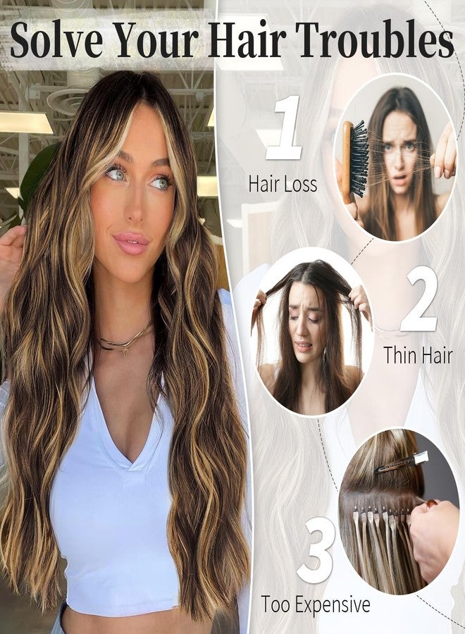 KooKaStyle Invisible Wire Hair Extensions with Transparent Headband Adjustable Size 4 Secure Clips Long Wavy Secret Wire Hairpiece 20 Inch Chestnut Brown with Blonde Highlights for Women - Image 5