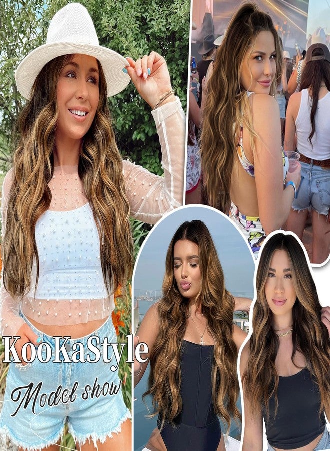 KooKaStyle Invisible Wire Hair Extensions with Transparent Headband Adjustable Size 4 Secure Clips Long Wavy Secret Wire Hairpiece 20 Inch Chestnut Brown with Blonde Highlights for Women - Image 4