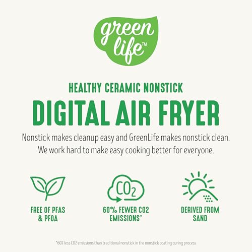 GreenLife فرن هوائي كهربائي مدمج من جرين لايف، 5.3 QT، درج سيراميك غير لاصق خالي من PFAS، 8 عرض رقمي بلمسة واحدة، نافذة رؤية سهلة، مؤقت إيقاف تلقائي، أجزاء آمنة للغسالة، 1500 واط، حكيم - Image 5