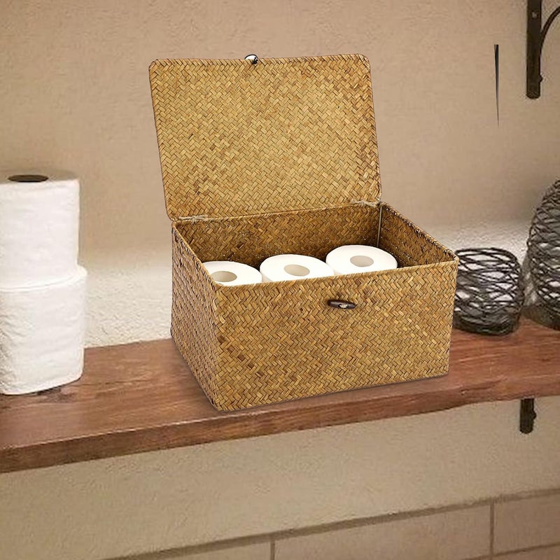 Hipiwe Wicker Shelf Baskets Bin with Lid, Handwoven Seagrass Basket Storage Bins Rectangular Household Basket Boxes for Shelf Wardrobe Home Organizer, Caramel Large - Image 2