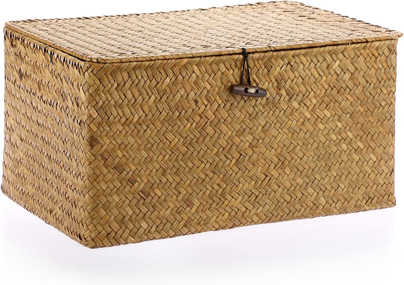 Hipiwe Wicker Shelf Baskets Bin with Lid, Handwoven Seagrass Basket Storage Bins Rectangular Household Basket Boxes for Shelf Wardrobe Home Organizer, Caramel Large - Image 1