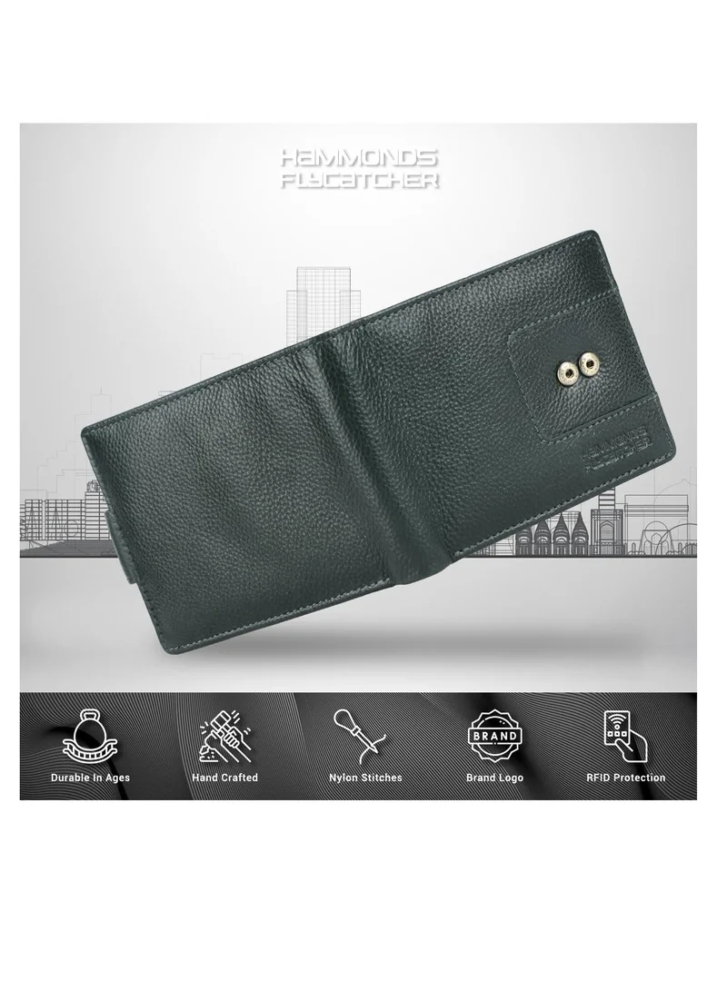Hammonds Flycatcher  Leather Wallet for Men, RFID Protected Leather Purse for Men, Money Purse for Men, 6 Card Slots, 1 ID Slot, Coin Pocket, Hidden Pockets, Metal Snap Button - Sea Green | 914Z  | Best Price UAE