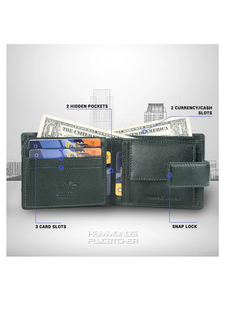 Hammonds Flycatcher  Leather Wallet for Men, RFID Protected Leather Purse for Men, Money Purse for Men, 6 Card Slots, 1 ID Slot, Coin Pocket, Hidden Pockets, Metal Snap Button - Sea Green | 914Z  | Best Price UAE