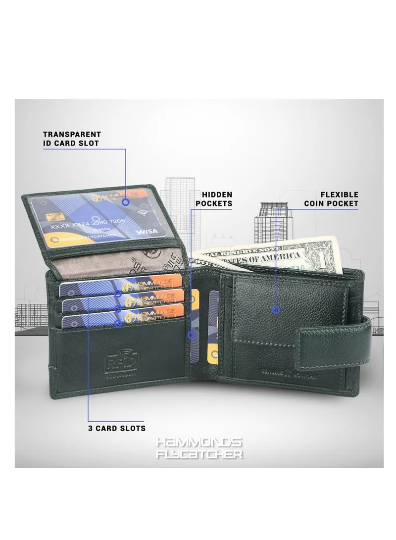 Hammonds Flycatcher  Leather Wallet for Men, RFID Protected Leather Purse for Men, Money Purse for Men, 6 Card Slots, 1 ID Slot, Coin Pocket, Hidden Pockets, Metal Snap Button - Sea Green | 914Z  | Best Price UAE