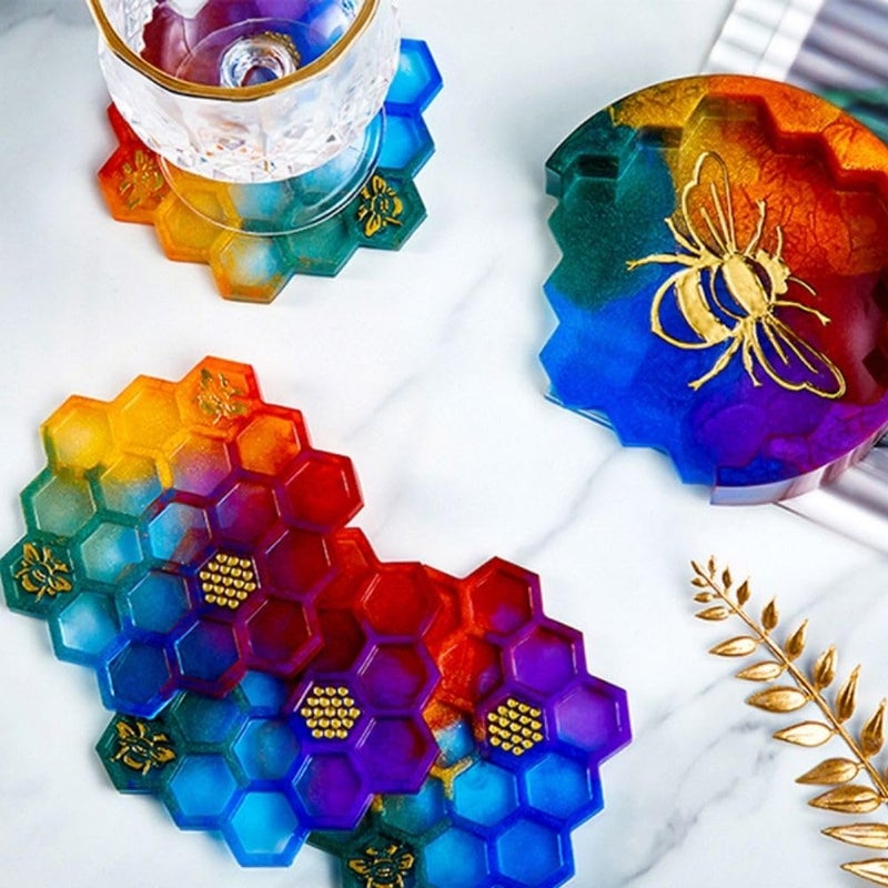 SNOOGG Pack of 6Pc Honeycomb Coaster Mold for Silicone Epoxy Resin Casting, DIY Project, Home Decor, Wedding etc. - Image 3