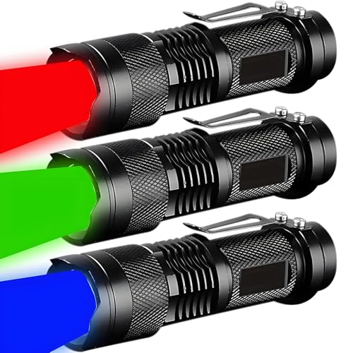 MVIOCS 3 Pack Red Green Blue Light Bright Small Flashlights, LED Mini Flashlight High Lumens Pen Light with 3 Modes, Zoomable Torch with Clip, Flashlight for Camping,Outdoor,Emergency - Image 1