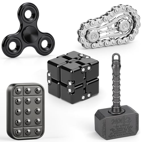 Amarlozn 5PCS Fidget Toys Set for Kids Adults Easter Basket Stuffers for Teen with Fidget Chain Infinity Cube Fidget Slider 2 in 1 Hammer Spinner Metal Tri Spinner Stress Relief Office Birthday Gift - Image 1