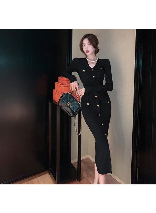 Generic Greenknit Long Slimming Dress Top Coat Base Layer Womens Elegant Socialite Style 2022 New Autumn/Winter Fashion Trend Black 
