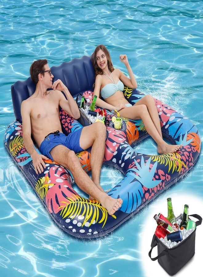 PuppyuWill 2-Person Inflatable Pool Floats Adult Heavy Duty, 71" x 61" Pool Lounger Float with Cup Holders & Backrest & Removable Insulated Cooler, Thickened Swimming Raft for Pool Party, Lake, Sea.. - Image 1