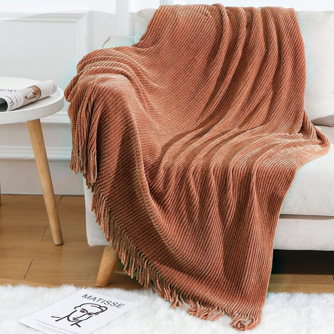 KNITTED THROW BLANKET FOR COUCH SOFT FARMHOUSE BOHO THROW BLANKET WITH TASSELS HOME DECORATIVE LIGHTWEIGHT THROW BLANKETSMAPLE BROWN THROWS FOR BEDCHAIRSOFA STRIPE TEXTURED50 W X 60 L