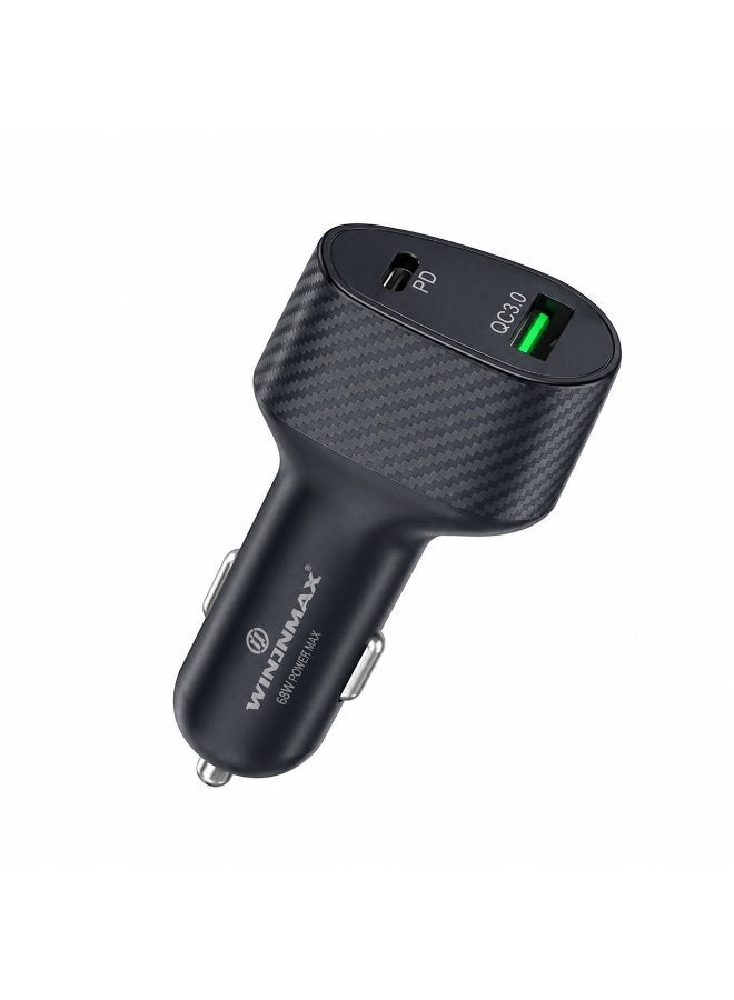 WINMAX Carbon Fibre Speed Car Charger 68W, Fast Car Charger, Car Adapter, Car Mobile Charger, Dual Port USB-C PD + USB-A QC3.0 Fast Charging Car Adapter for iPhone 16/15/14, Samsung Galaxy, Xiaomi, Huawei, Universal 12V-24V - Image 1