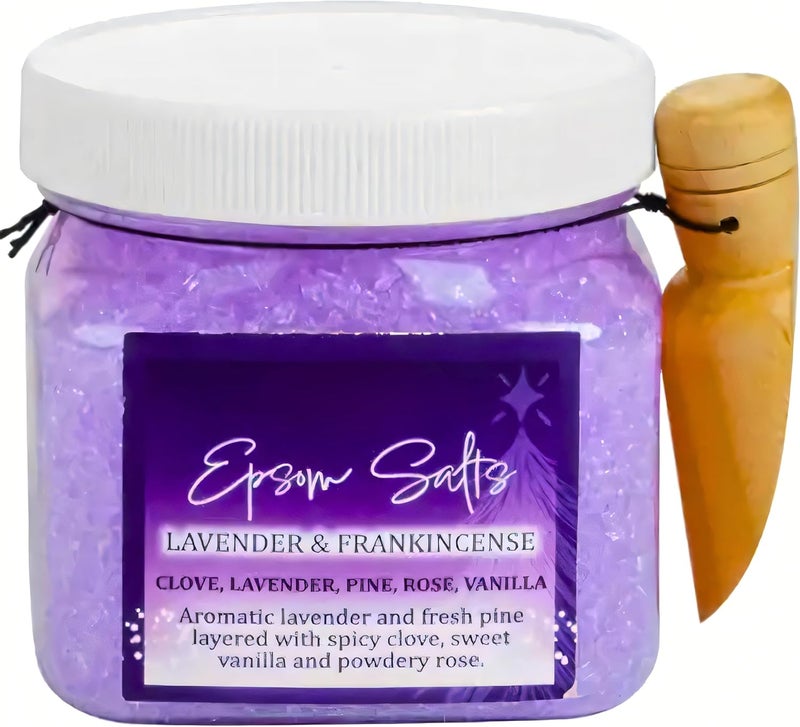 SGM Lavender Frankincense Bath Salt 400g with Wooden Scoop Relaxing Aromatherapy Bath Soak Moisturizing Soothing Natural Mineral Salts for Skin Care ELY1200