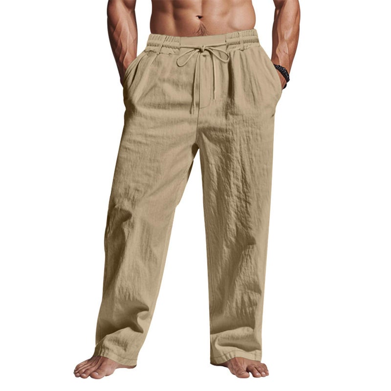 Puimentiua Men Casual Cotton Linen Pants, Elastic Drawstring Waist Summer Trousers Loose Fit Lightweight Beach Lounge Pants (L, Dark Khaki) - Image 1