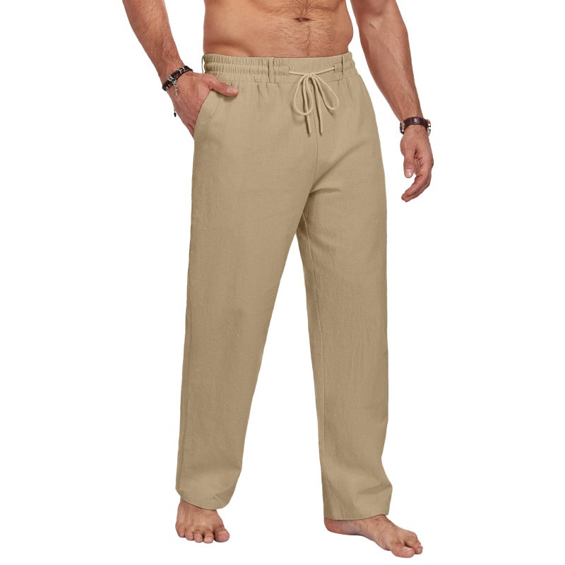 Puimentiua Men Casual Cotton Linen Pants, Elastic Drawstring Waist Summer Trousers Loose Fit Lightweight Beach Lounge Pants (L, Dark Khaki) - Image 4
