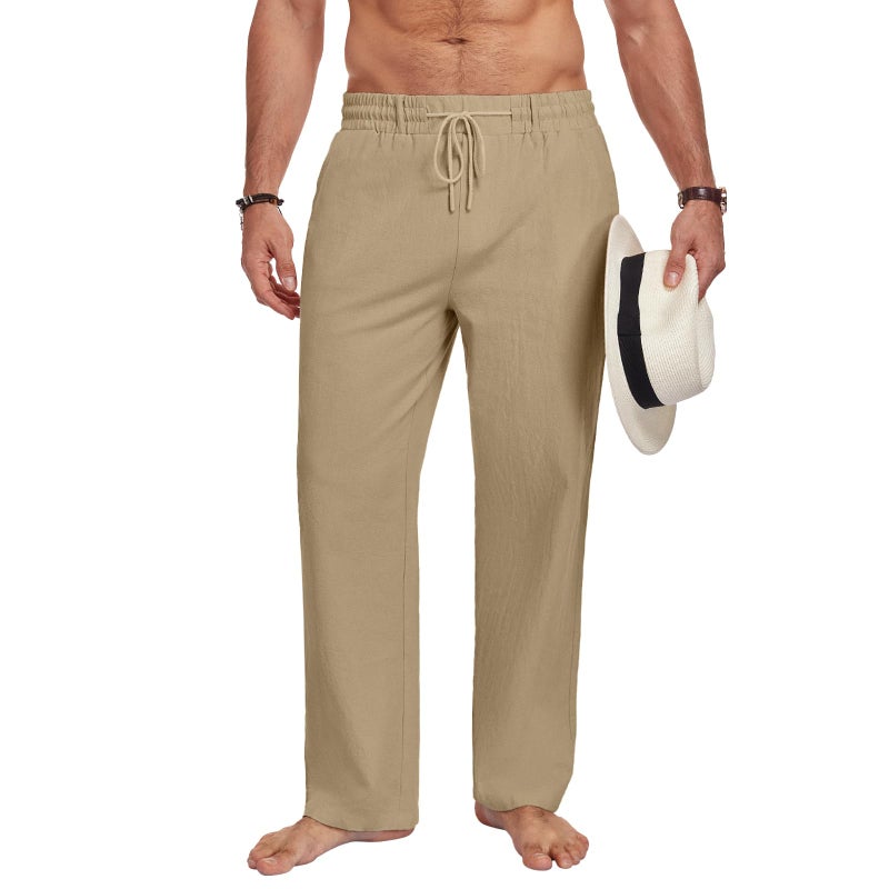 Puimentiua Men Casual Cotton Linen Pants, Elastic Drawstring Waist Summer Trousers Loose Fit Lightweight Beach Lounge Pants (L, Dark Khaki) - Image 2
