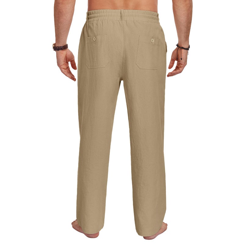 Puimentiua Men Casual Cotton Linen Pants, Elastic Drawstring Waist Summer Trousers Loose Fit Lightweight Beach Lounge Pants (L, Dark Khaki) - Image 5
