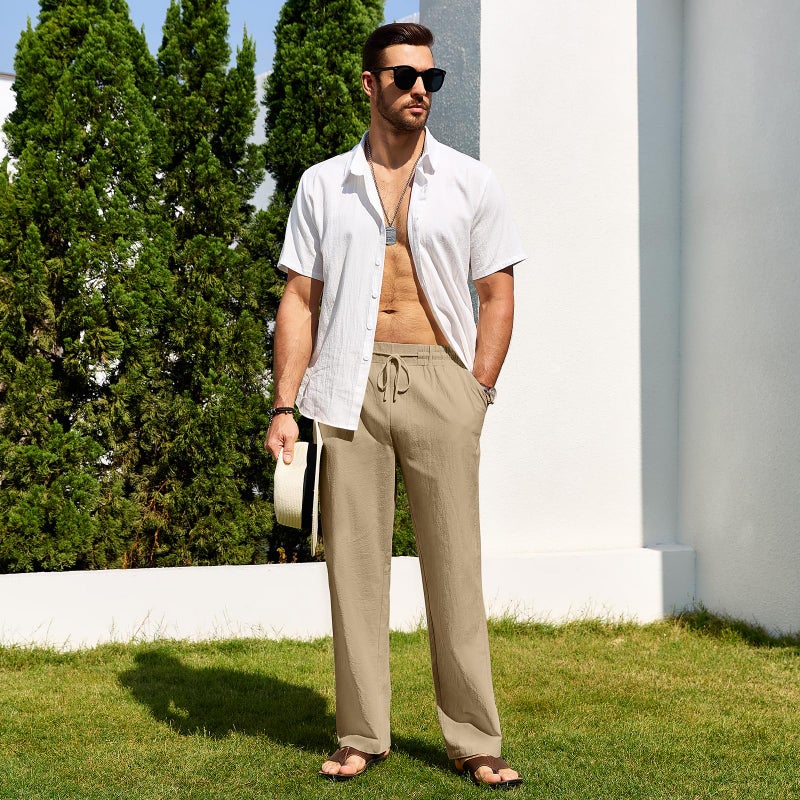 Puimentiua Men Casual Cotton Linen Pants, Elastic Drawstring Waist Summer Trousers Loose Fit Lightweight Beach Lounge Pants (L, Dark Khaki) - Image 3
