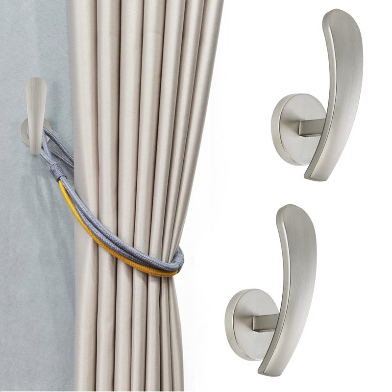 HEMOUR Curtain Holdback 2pcs Wall Mounted Drapery Tiebacks with Screws Decorative Drapery Metal Hook Wall Hanger Silver