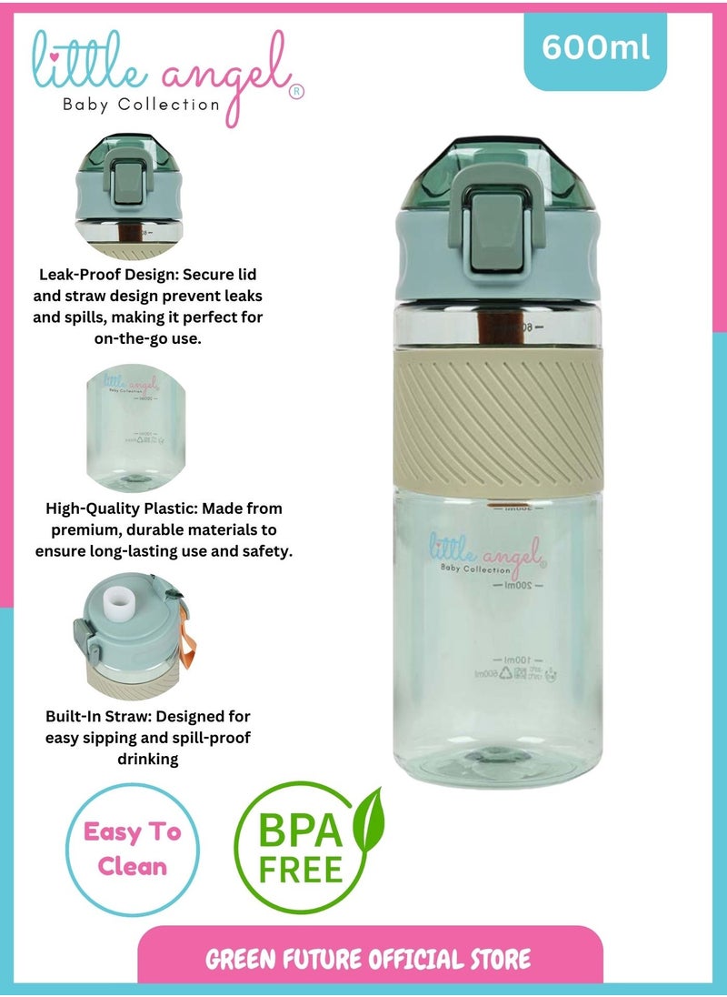Little Angel Kids Water Bottle, High Quality 600ml - Leak-Proof with Flip-Top Lid, Portable and Durable Plastic Design for School, Sports, Indoor & Outdoor - Green  - Image 2