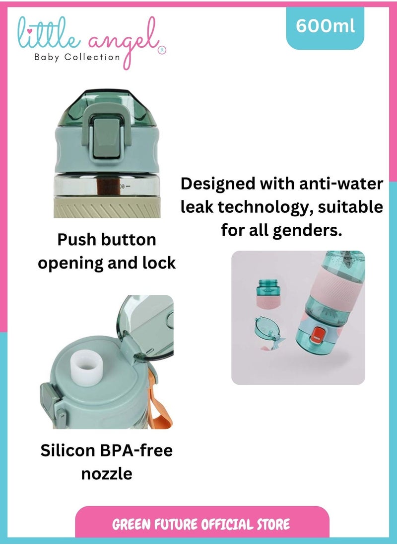 Little Angel Kids Water Bottle, High Quality 600ml - Leak-Proof with Flip-Top Lid, Portable and Durable Plastic Design for School, Sports, Indoor & Outdoor - Green  - Image 3