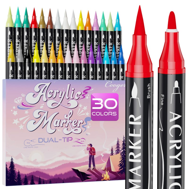 30 Colors Dual Tip Acrylic Paint MarkersFine Tip and Brush Tip Permanent Acrylic Paint Pens For Rock Painting Canvas Wood Glass Ceramic Fabric Plastic Egg ScrapbookArt Painting Supplies Kit
