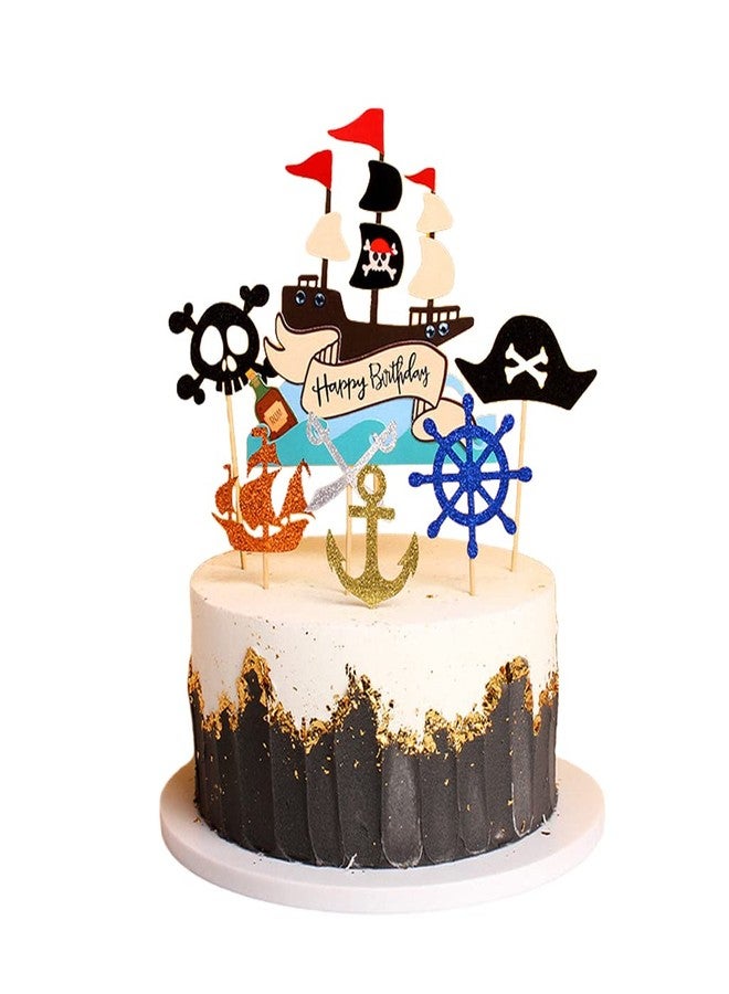 Kawailay Pirate Theme Cake Topper - Pirate Ship, Happy Birthday, Nautical Sail Ship, Cake Picks, Dessert Muffin Toppers for Kids' Boy Birthday Party Decor - Image 1