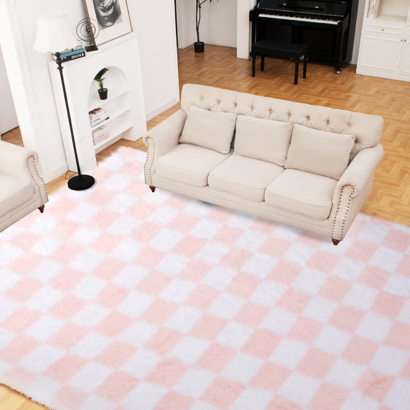 TOOHUB Super Soft Rug for Bedroom, 5x7 Ft Pink and White Area Rug Classic Checkered Shaggy Anti-Skid High Pile Soft Fluffy Rug Fuzzy Carpet for Living Room Bedroom Kids Room Nursery, Dorm Home Decor - Image 2