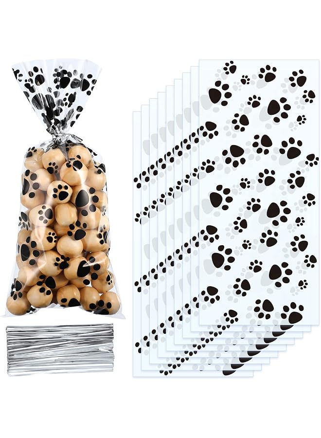 S-TOP Pet Paw Print Cone Cellophane Bags Heat Sealable Treat Candy Bags Dog Gift Bags Cat Treat Bags with 100 Pieces Silver Twist Ties for Pet Treat Party Favor (100 Pieces) - Image 1