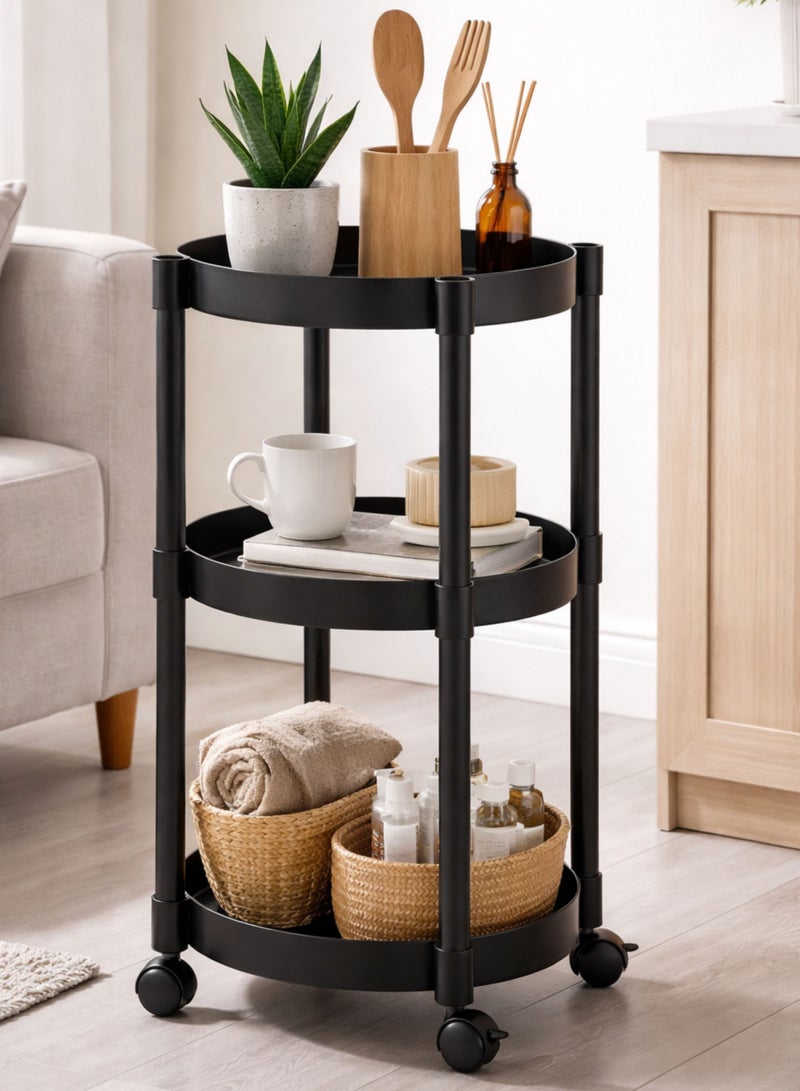 Zaprus 3-Tier Round Storage Trolley with Wheels – Durable PP Material | 34 × 34 × 63 cm Compact Rolling Organizer for Kitchen, Bathroom & Home – Black - Image 1