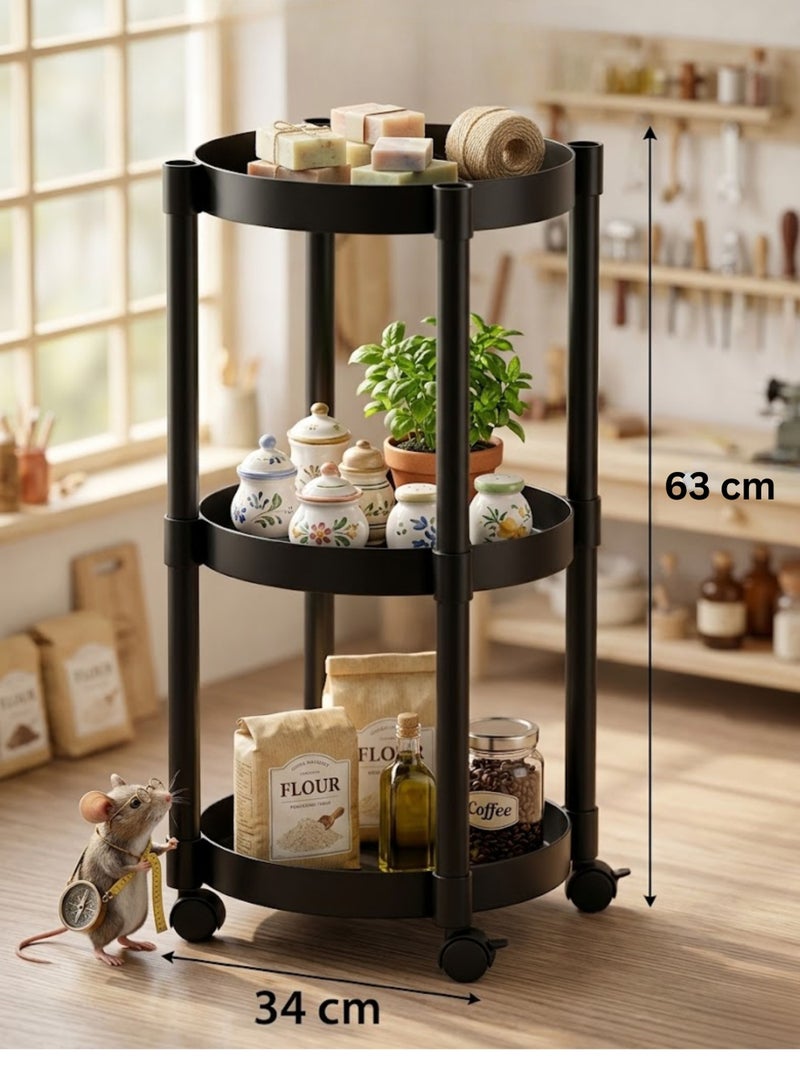 Zaprus 3-Tier Round Storage Trolley with Wheels – Durable PP Material | 34 × 34 × 63 cm Compact Rolling Organizer for Kitchen, Bathroom & Home – Black - Image 2