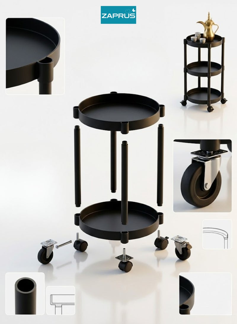 Zaprus 3-Tier Round Storage Trolley with Wheels – Durable PP Material | 34 × 34 × 63 cm Compact Rolling Organizer for Kitchen, Bathroom & Home – Black - Image 5