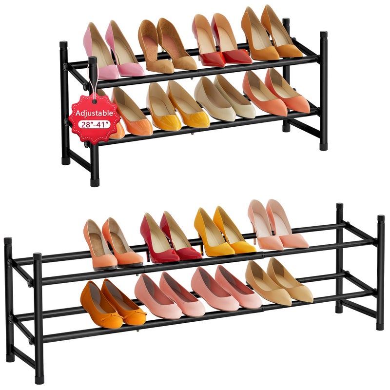 Tajsoon Expandable Shoe Rack for Closet 2 Tier, 28â€œ-41â€œ Adjustable & Stackable Shoe Shelf Storage, Metal Shoe Rack Organizer for Front Door Entrance, Closet, Garage, Entryway, Black - Image 1
