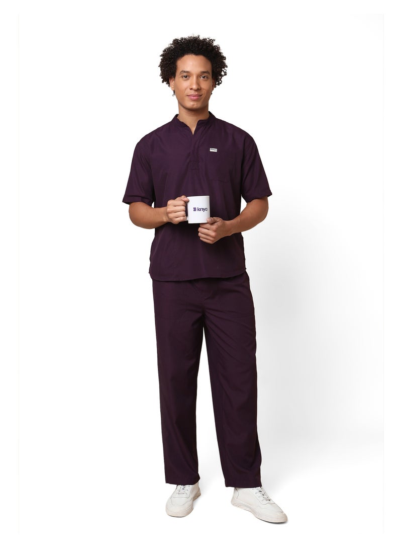 KNYA كنيا رجالي ياقة ماندارين ٥ جيب طقم زي طبي (نبيذي, متوسط) - Image 1