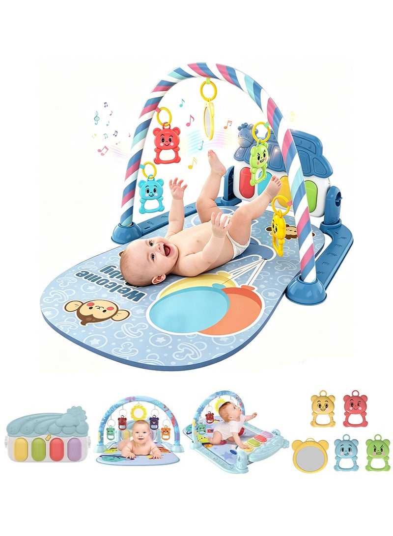 VUCATIN Baby Musical Piano Gym with Lights, Infant Play Mat with Grasping Toys, 0-36 Months Baby Piano Mat Early Learning Toy (Blue) - Image 1