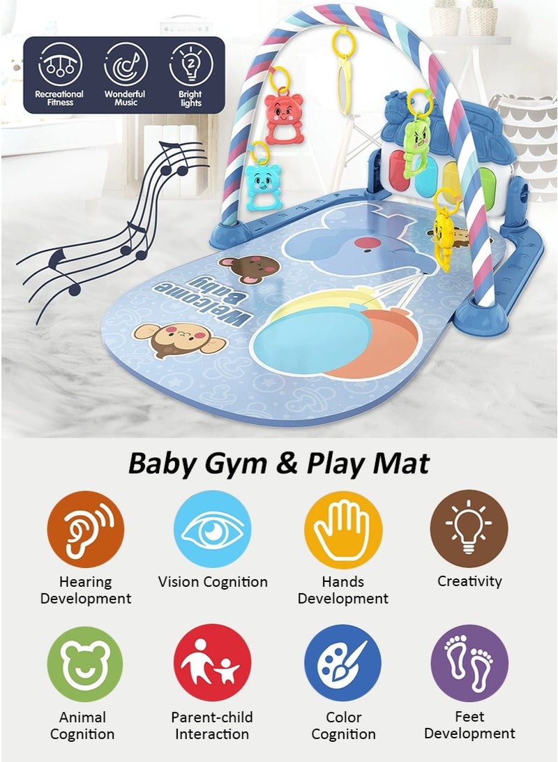 VUCATIN Baby Musical Piano Gym with Lights, Infant Play Mat with Grasping Toys, 0-36 Months Baby Piano Mat Early Learning Toy (Blue) - Image 2
