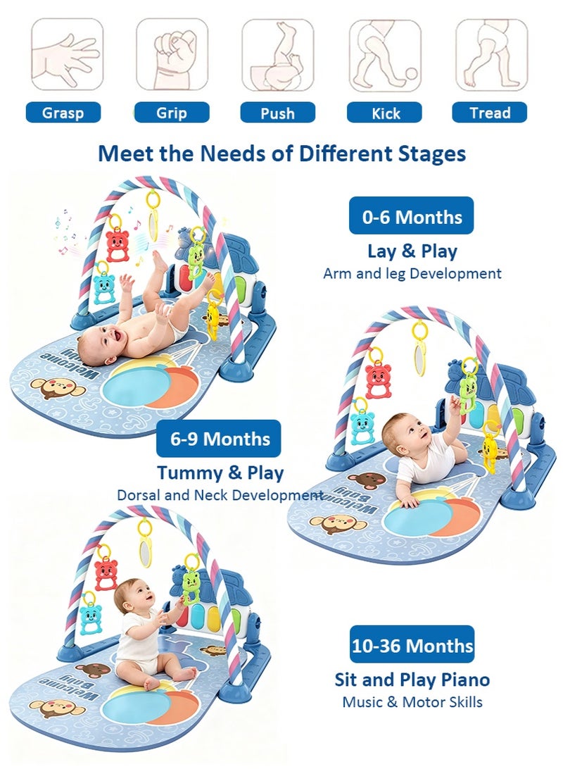 VUCATIN Baby Musical Piano Gym with Lights, Infant Play Mat with Grasping Toys, 0-36 Months Baby Piano Mat Early Learning Toy (Blue) - Image 4
